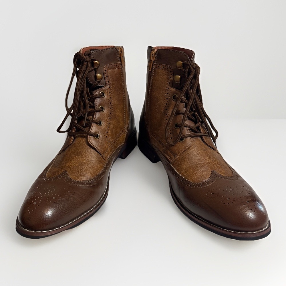 Men's Brown Leather Wingtip Lace-Up Zip Boots